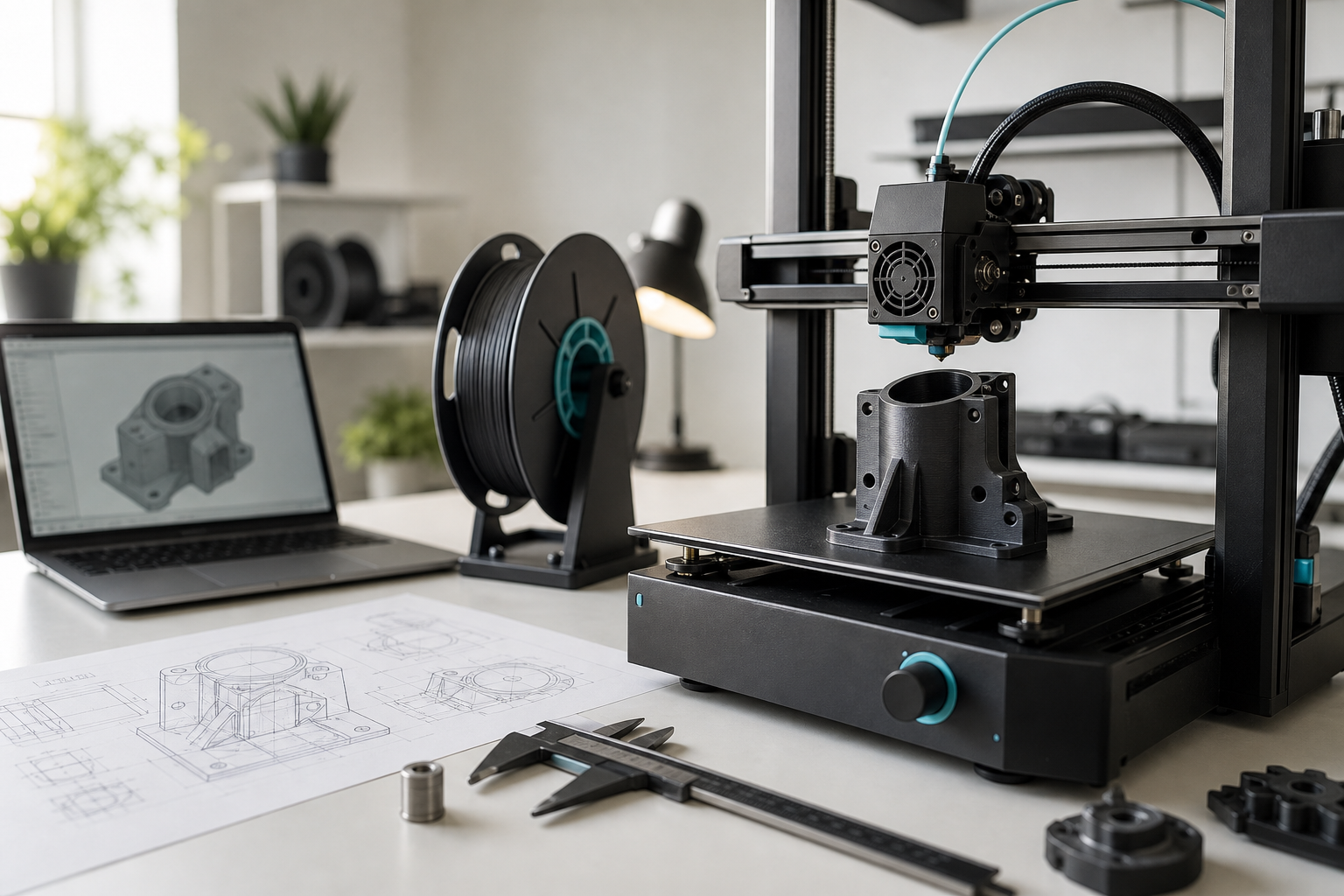 A modern 3D printer producing a prototype in a clean engineering studio